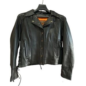 FIRST CLASSICS Genuine Leather Motorcycle Jacket Black Women Lace Up Biker L